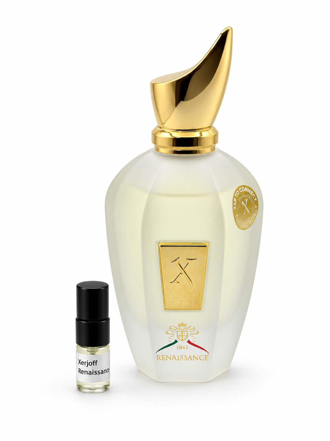 Xerjoff 1861 Renaissance fragrance bottle and black-capped sample vial on white