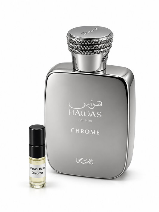 Rasasi Hawas Chrome fragrance bottle and black-capped sample vial on white