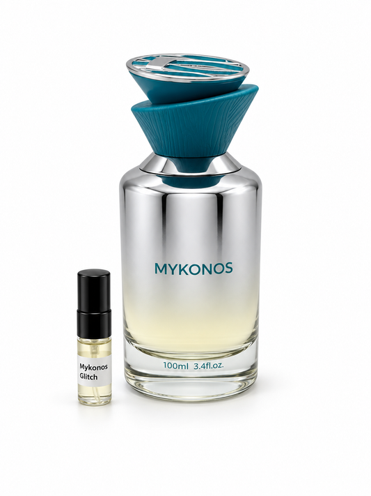Mykonos Glitch fragrance bottle and black-capped sample vial on white
