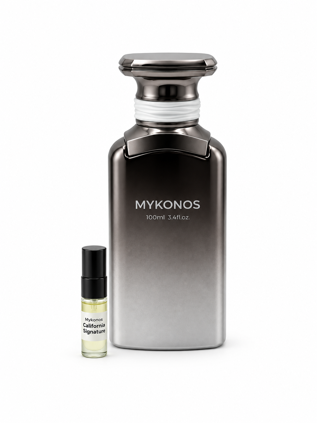 Mykonos California signature fragrance bottle and black-capped sample vial on white
