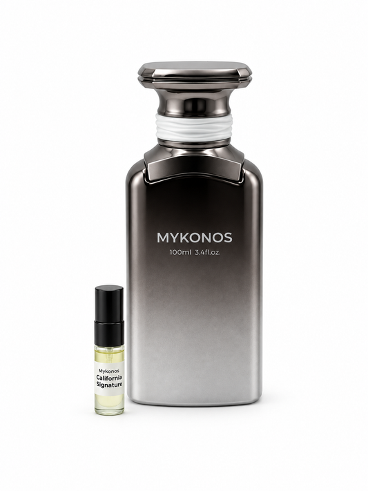 Mykonos California signature fragrance bottle and black-capped sample vial on white