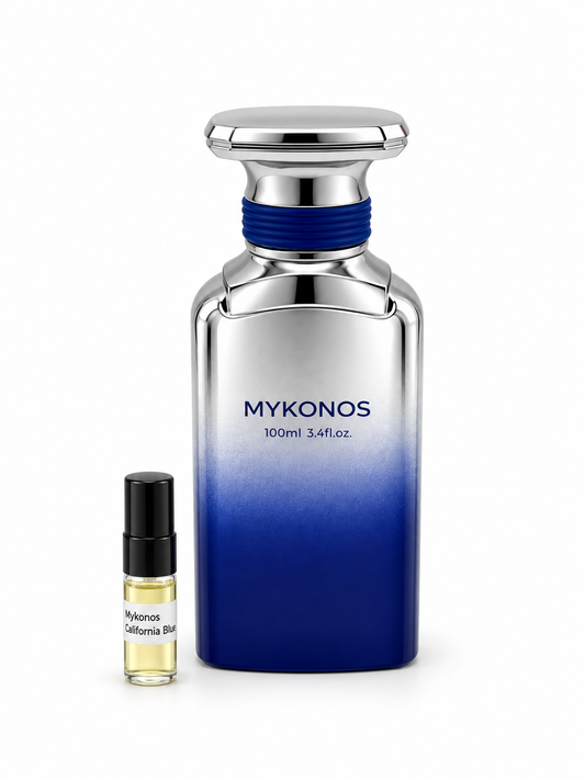 Mykonos California Blue fragrance bottle and black-capped sample vial on white