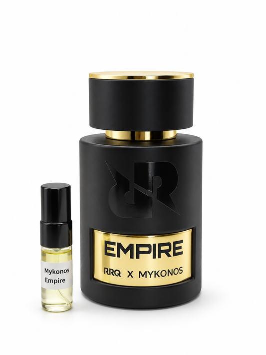 Mykonos Empire fragrance bottle and black-capped sample vial on white