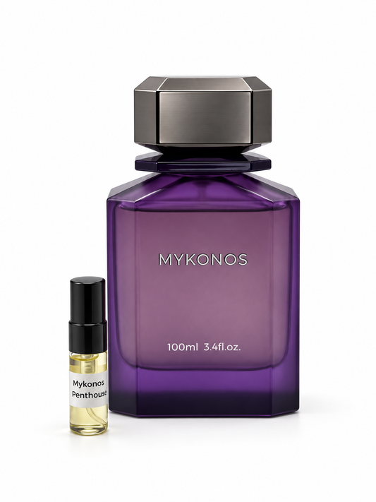 Mykonos Penthouse fragrance bottle and black-capped sample vial on white