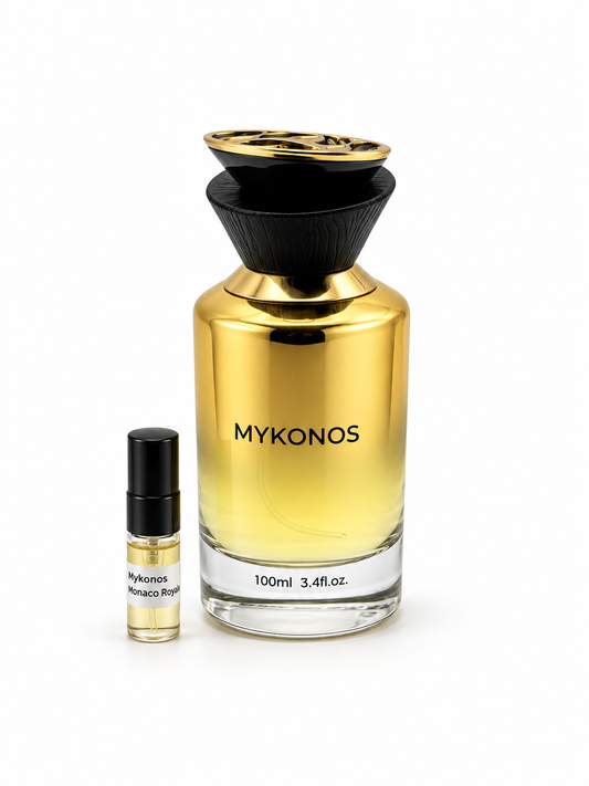 Mykonos Monaco Royale fragrance bottle and black-capped sample vial on white