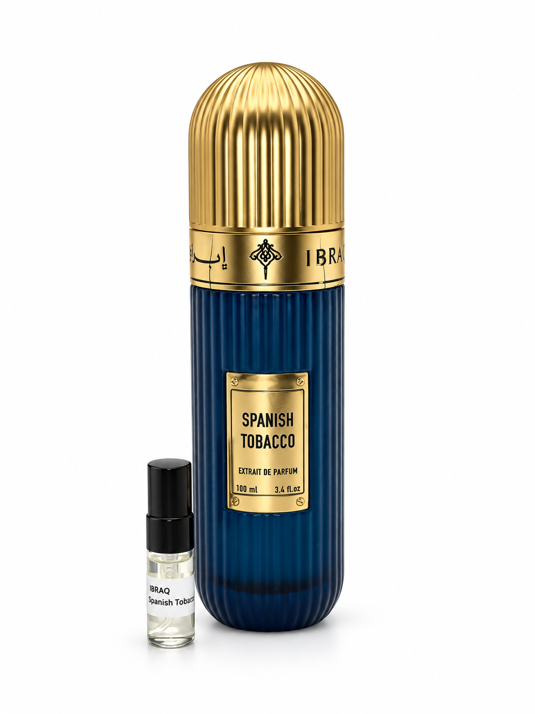 Ibrahim Al Qurashi Spanish Tobacco fragrance bottle and black-capped sample vial on white