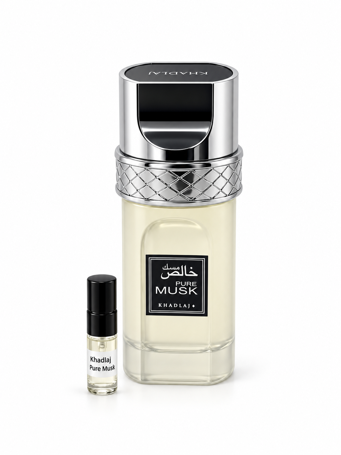 Khadlaj Pure Musk fragrance bottle and black-capped sample vial on white