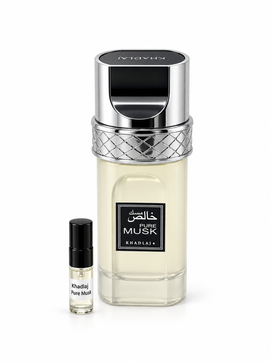 Khadlaj Pure Musk fragrance bottle and black-capped sample vial on white