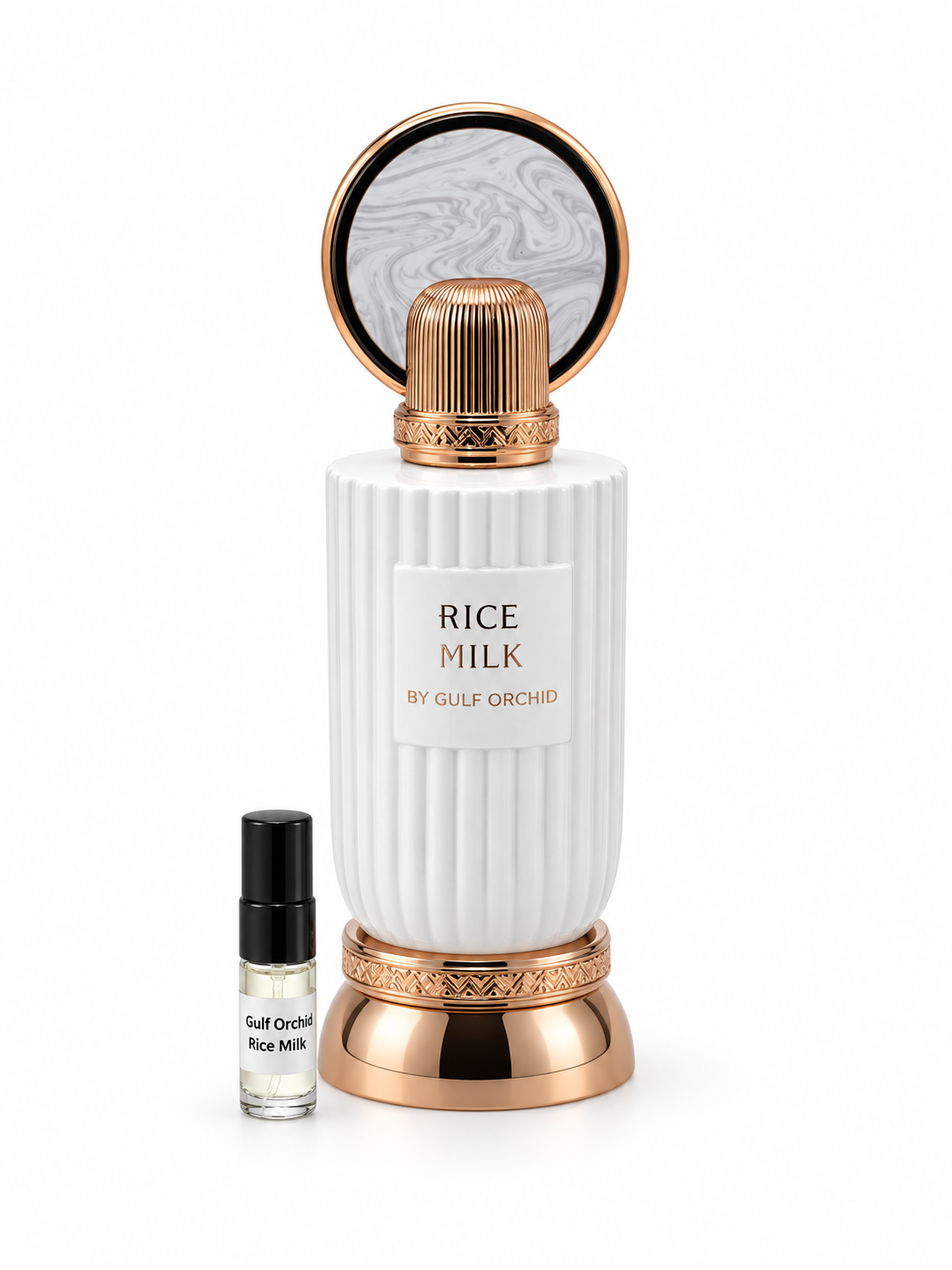 Gulf Orchid Rice Milk fragrance bottle and black-capped sample vial on white