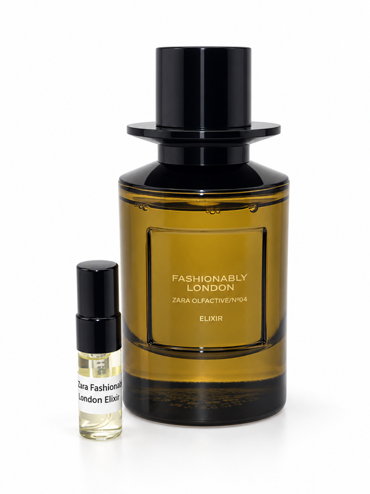 Zara Fashionably London Elixir fragrance bottle and black-capped sample vial on white