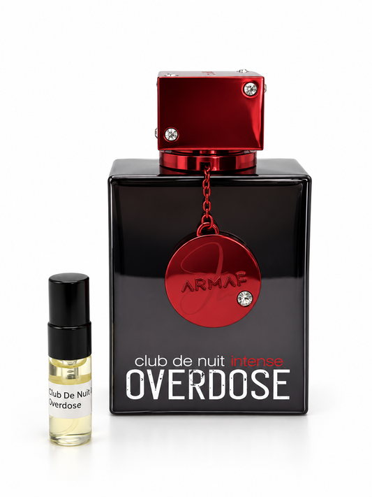 Armaf Club De Nuit Intense Overdose fragrance bottle and black-capped sample vial on white