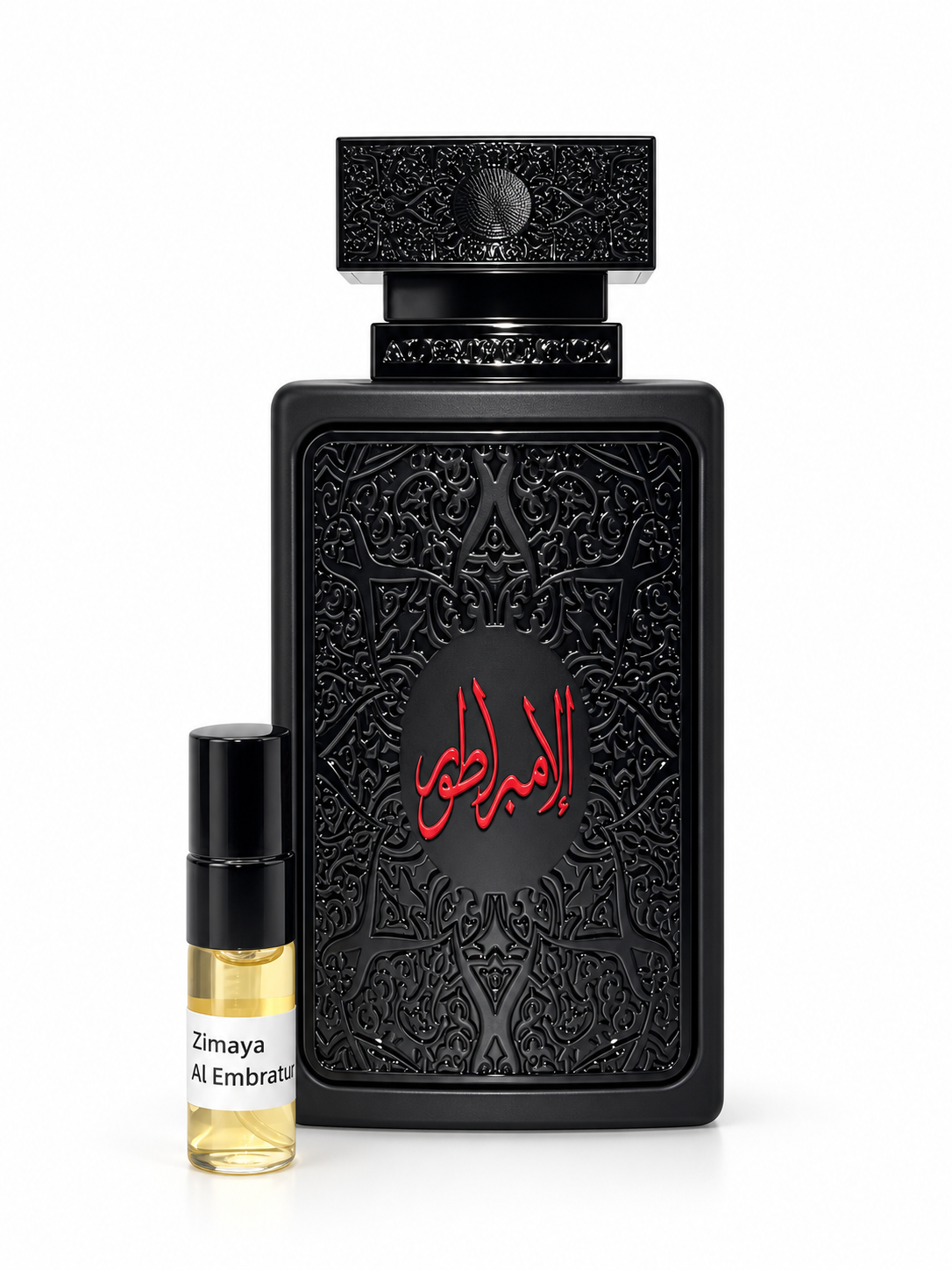 Al Embratur Absolu Zimaya fragrance bottle and black-capped sample vial on white