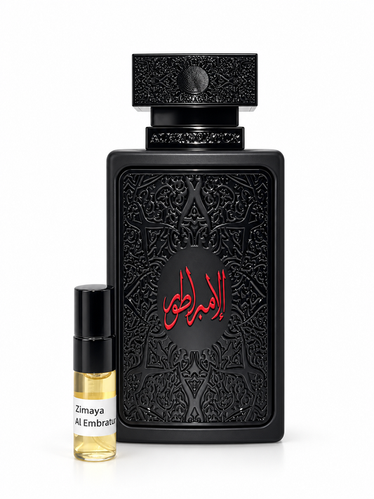 Al Embratur Absolu Zimaya fragrance bottle and black-capped sample vial on white