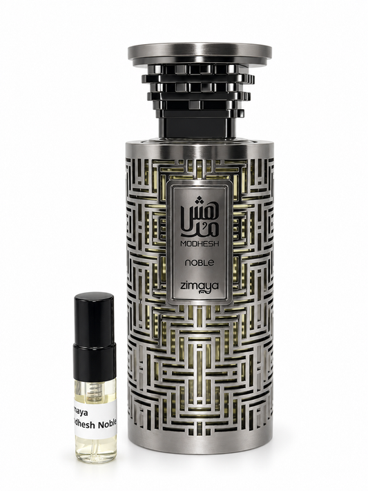Zimaya Modhesh Noble fragrance bottle and black-capped sample vial on white
