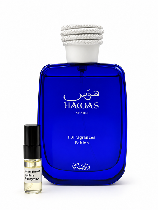 Rasasi Hawas Sapphire FB Fragrance Edition fragrance bottle and black-capped sample vial on white