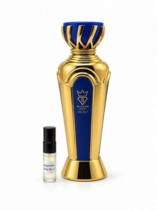 Bujairami Drip No. 7 fragrance bottle and black-capped sample vial on white
