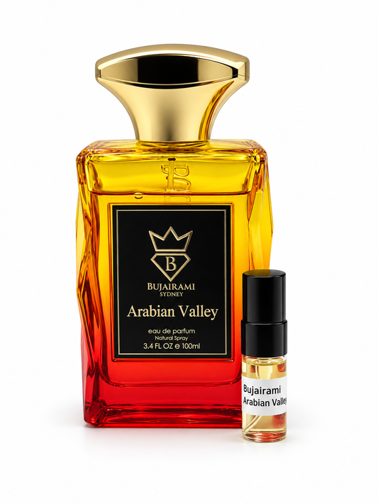 Bujairami Arabian Valley fragrance bottle and black-capped sample vial on white