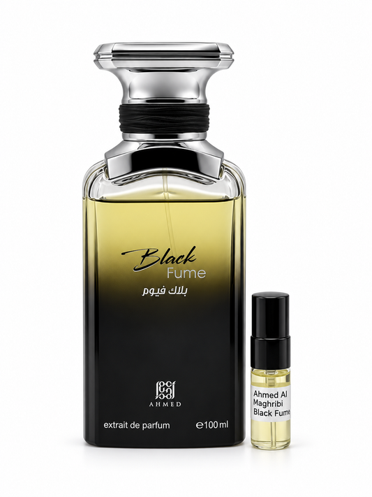Ahmed Al Maghribi Black Fume fragrance bottle and black-capped sample vial on white