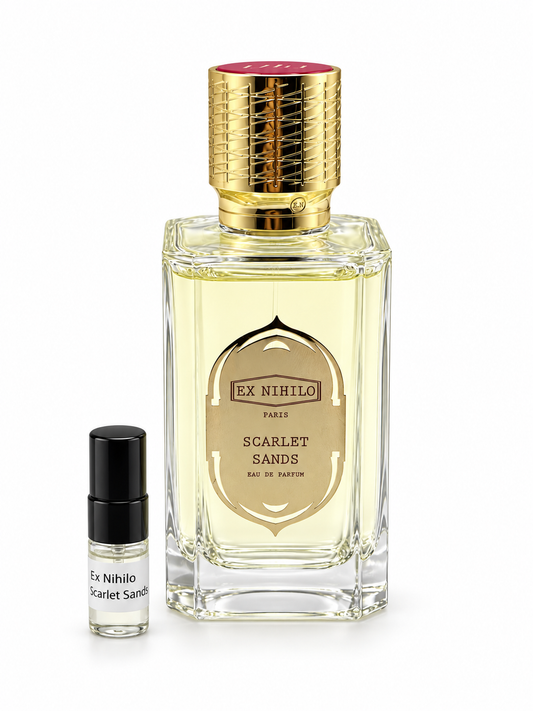 Ex Nihilo Scarlet Sands fragrance bottle and black-capped sample vial on white