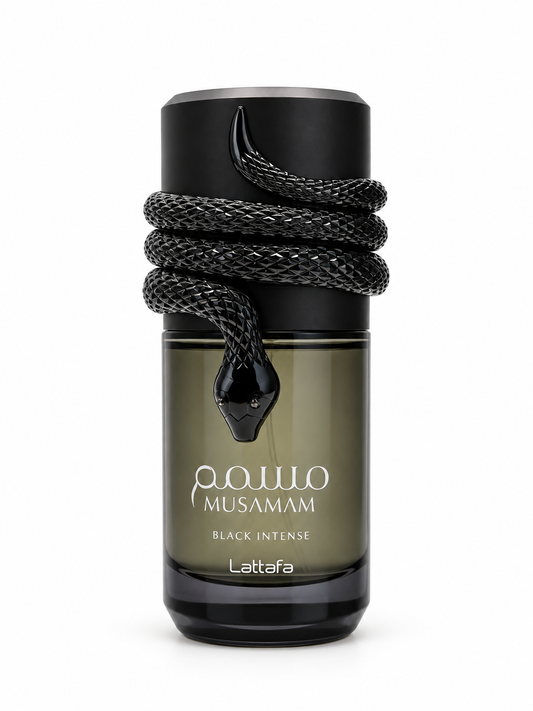 Lattafa Musamam Black Intense 100ml — studio bottle photograph