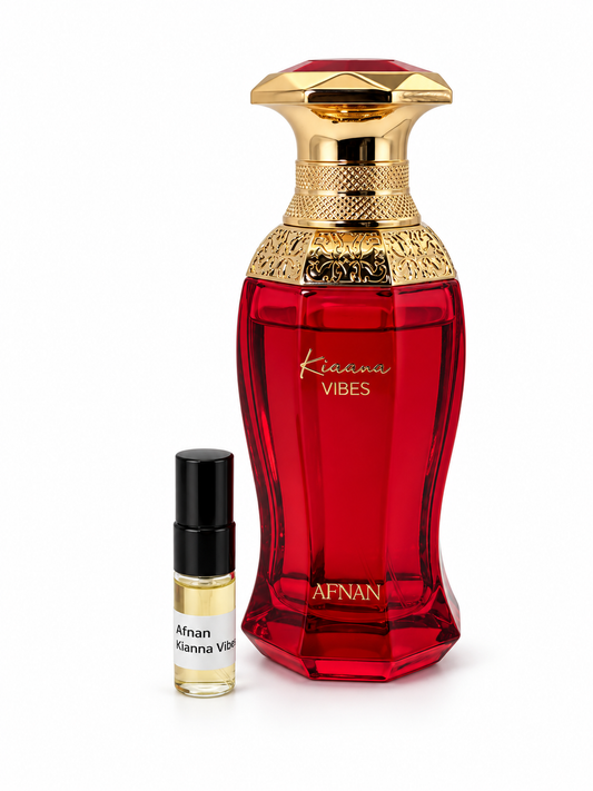 Afnan Kiana Vibes fragrance bottle and black-capped sample vial on white