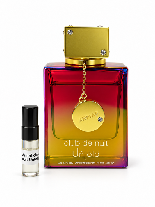 Armaf Club De Nuit  Untold fragrance bottle and black-capped sample vial on white