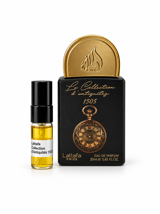 Lattafa Pride La Collection D'antique 1505 fragrance bottle and black-capped sample vial on white