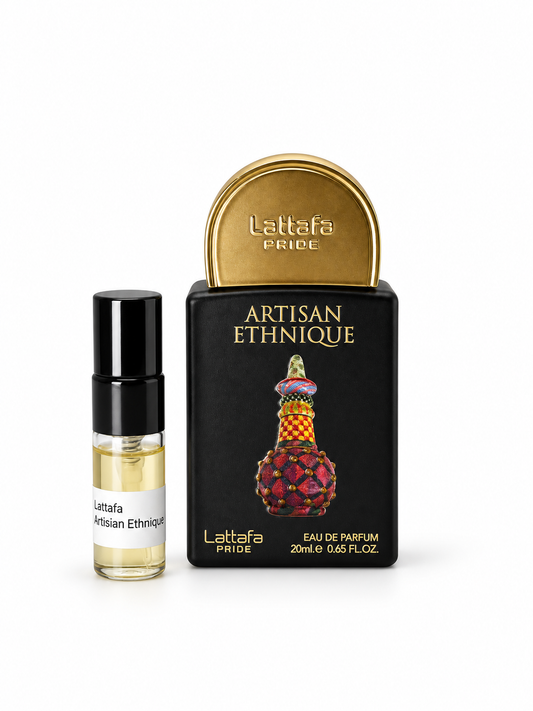 Lattafa Pride Artisan Ethnique fragrance bottle and black-capped sample vial on white