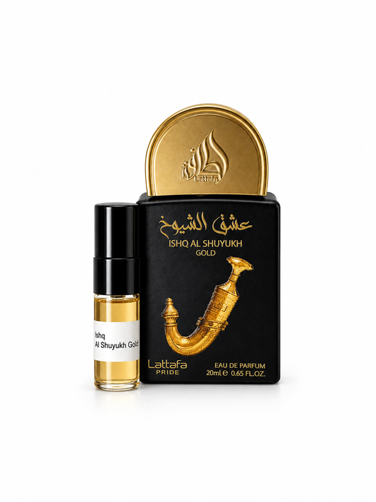 Lattafa Pride Ishq Al Shuyukh Gold fragrance bottle and black-capped sample vial on white