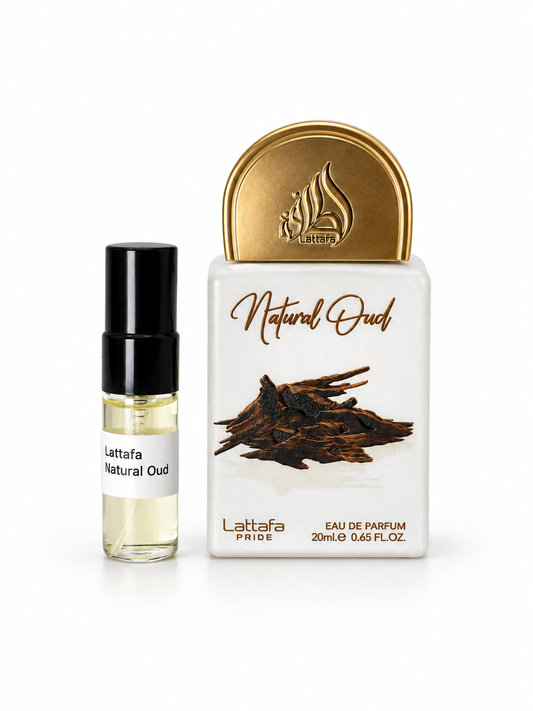 Lattafa Pride Natural Oud fragrance bottle and black-capped sample vial on white