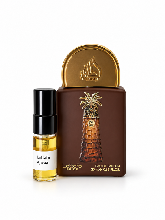 Lattafa Pride Ajwaa fragrance bottle and black-capped sample vial on white