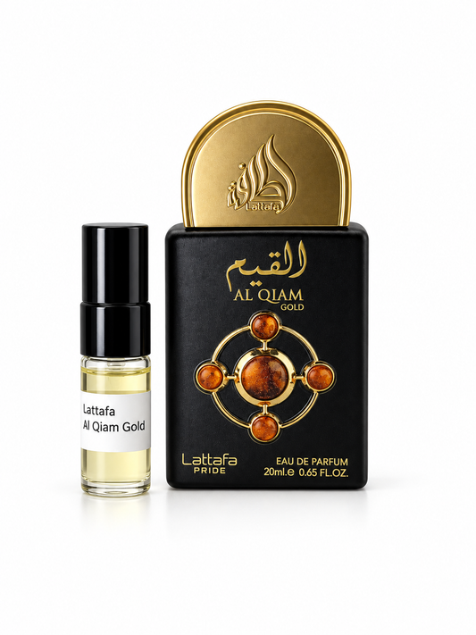 Lattafa Pride Al Qiam Gold fragrance bottle and black-capped sample vial on white