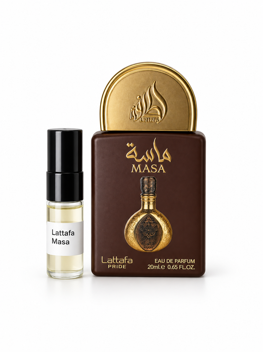 Lattafa Pride Masa fragrance bottle and black-capped sample vial on white
