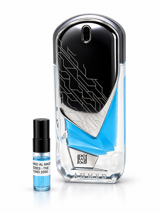 2050 - The Beyond Ahmed Al Maghribi fragrance bottle and black-capped sample vial on white