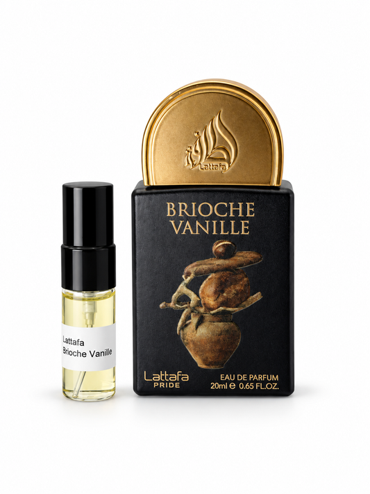 Lattafa Pride Brioche Vanille fragrance bottle and black-capped sample vial on white