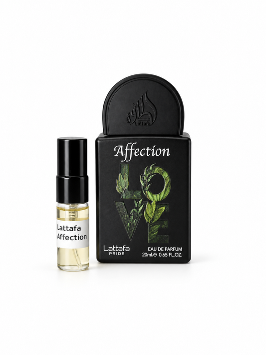 Lattafa Pride Affection fragrance bottle and black-capped sample vial on white
