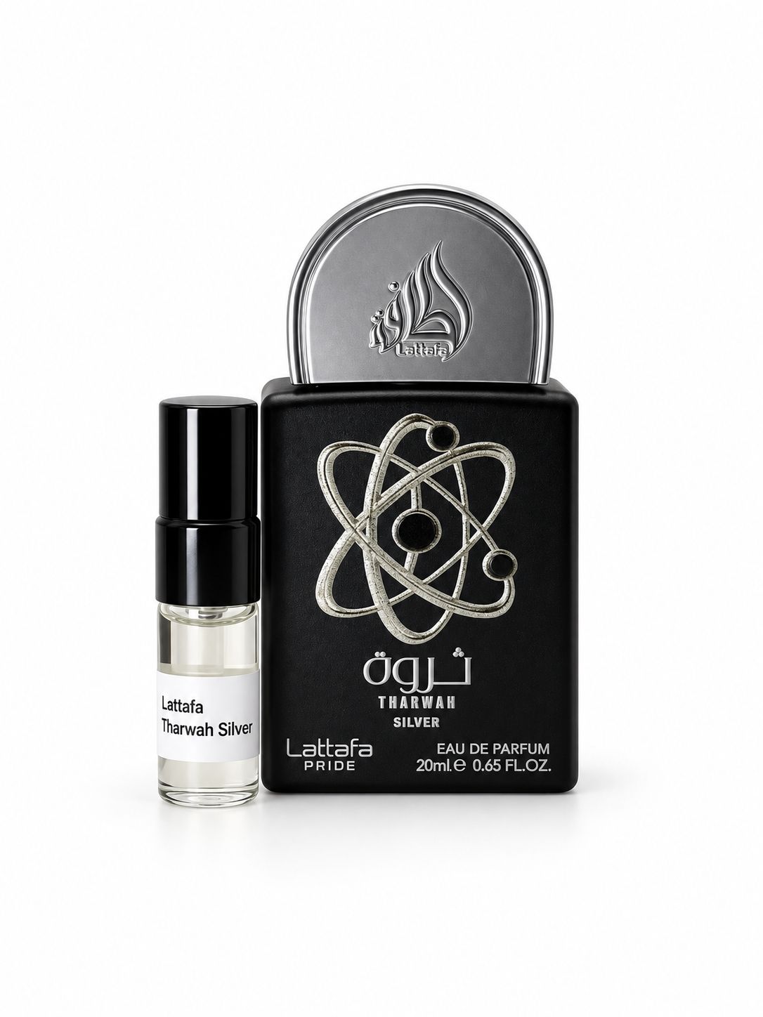 Lattafa Pride Tharwah Silver fragrance bottle and black-capped sample vial on white
