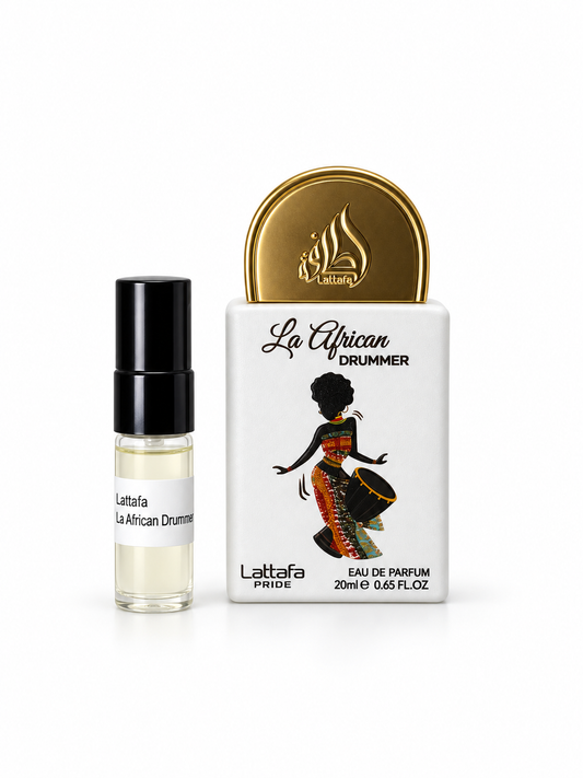 Lattafa Pride La African Drummer fragrance bottle and black-capped sample vial on white