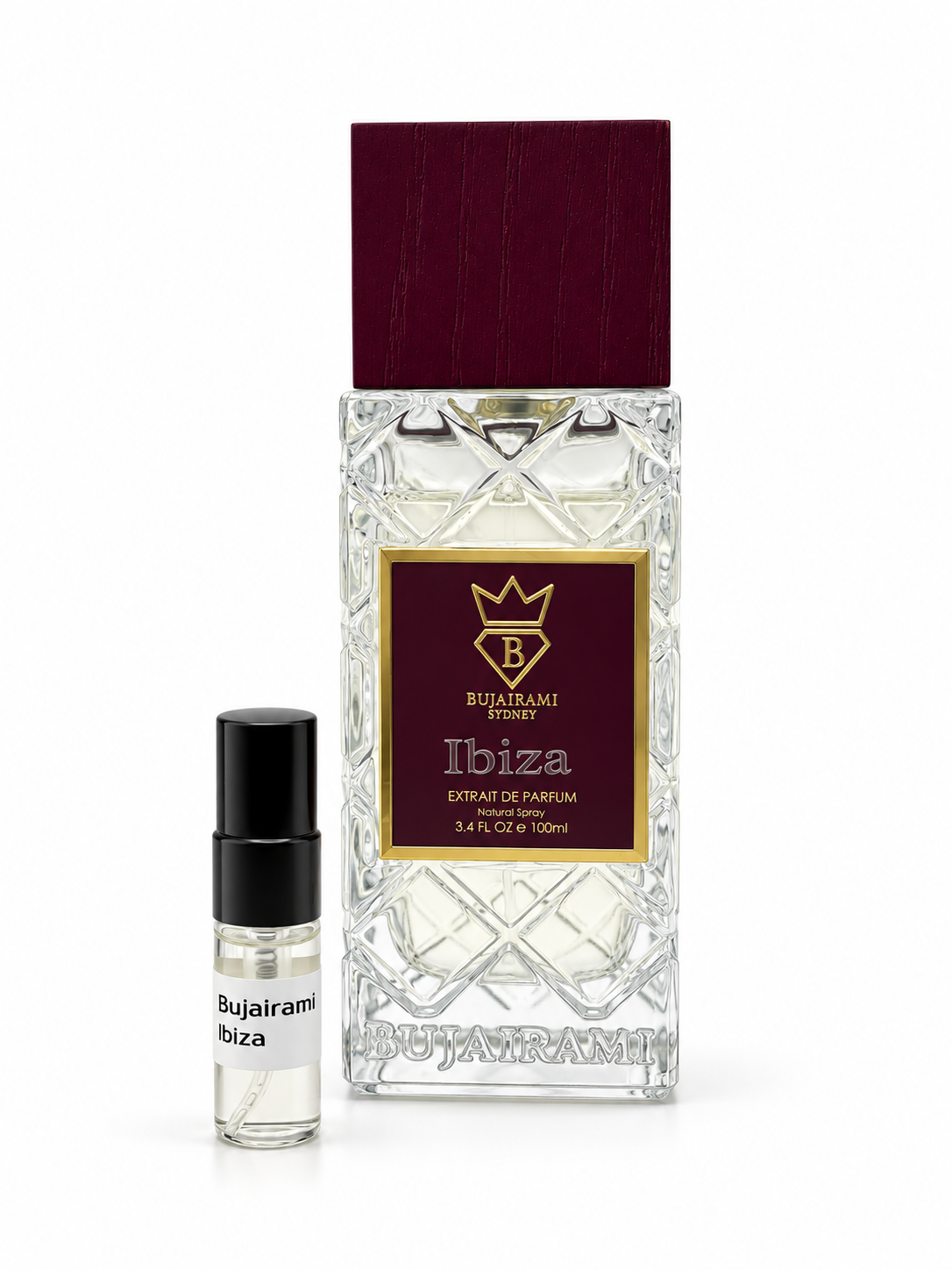 Bujairami Ibiza fragrance bottle and black-capped sample vial on white
