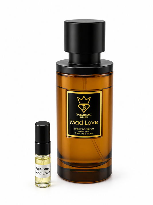 Bujairami Mad Love fragrance bottle and black-capped sample vial on white