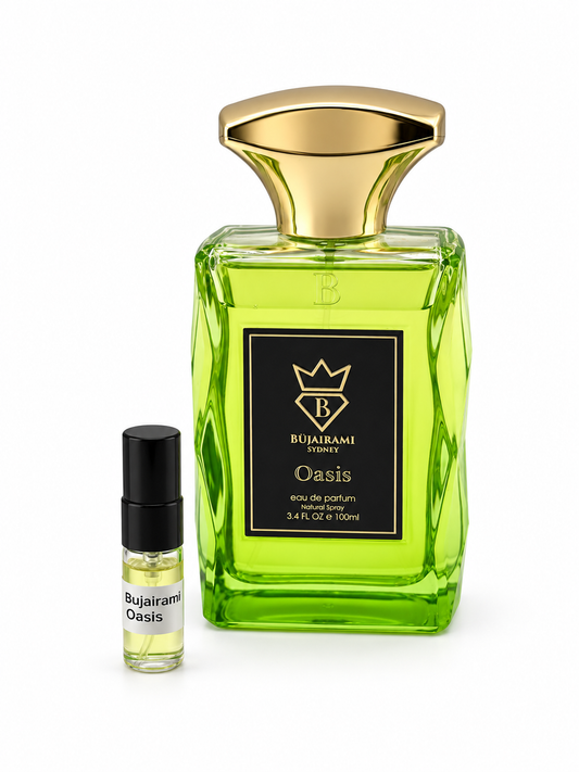 Bujairami Oasis fragrance bottle and black-capped sample vial on white