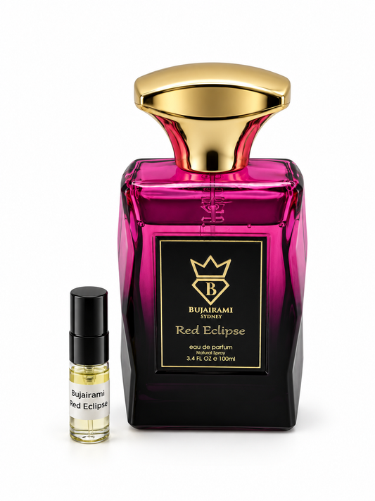 Bujairami Red Eclipse fragrance bottle and black-capped sample vial on white