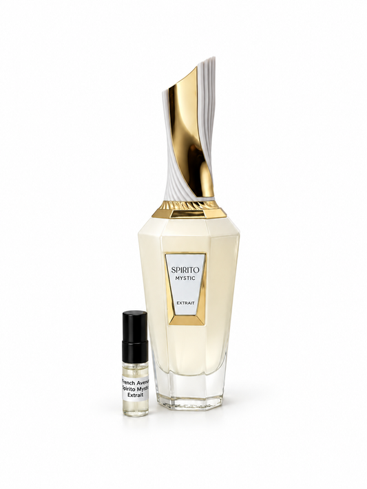French Spirito Mystic fragrance bottle and black-capped sample vial on white