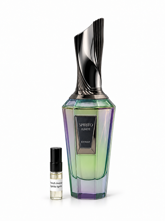French Spirito Ignite fragrance bottle and black-capped sample vial on white