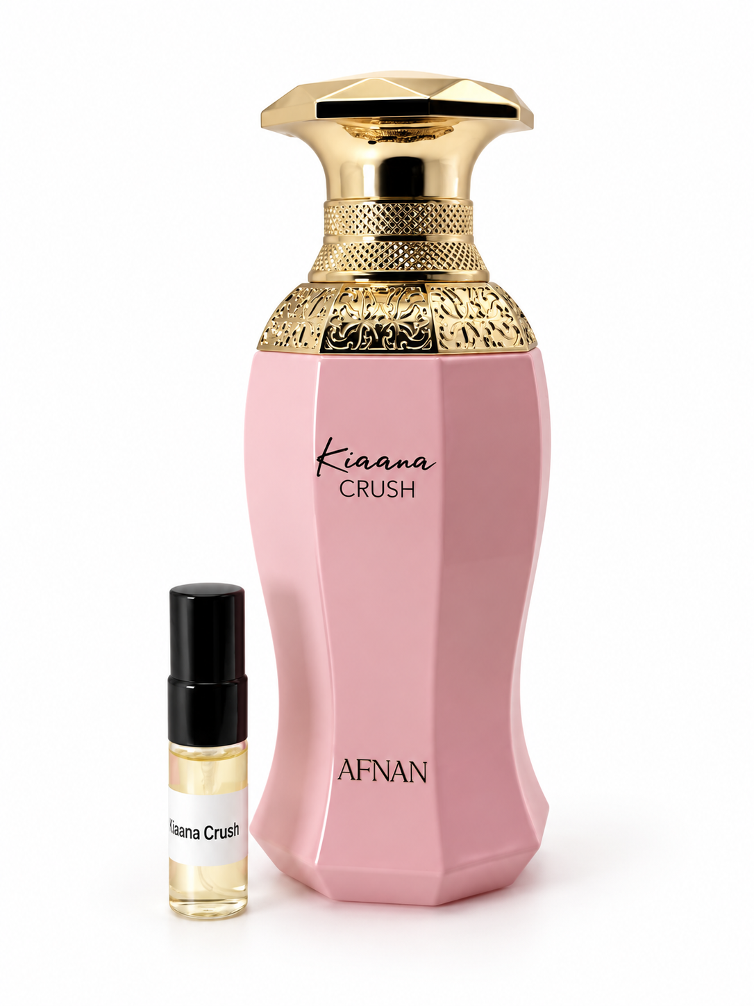 Afnan Kiana Crush fragrance bottle and black-capped sample vial on white