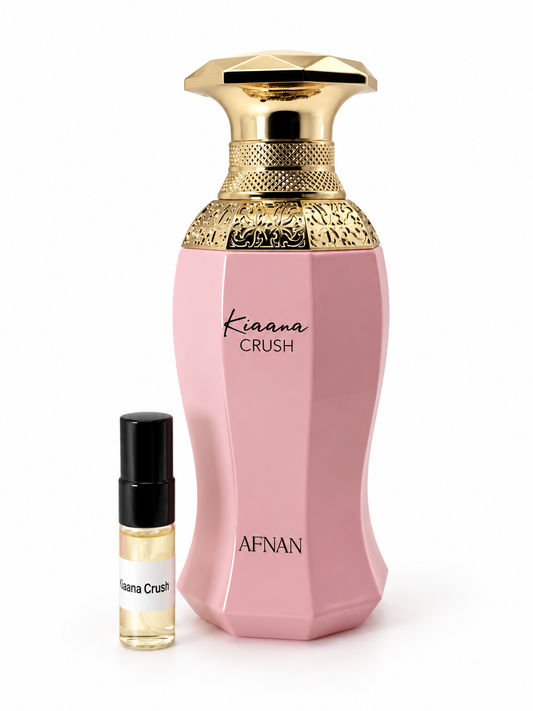Afnan Kiana Crush fragrance bottle and black-capped sample vial on white