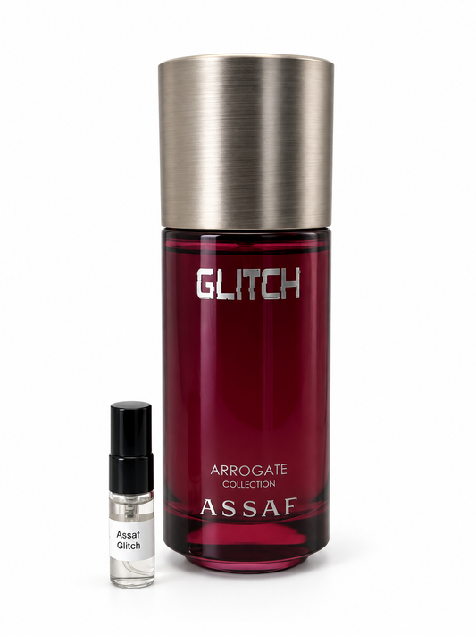 Assaf Glitch fragrance bottle and black-capped sample vial on white