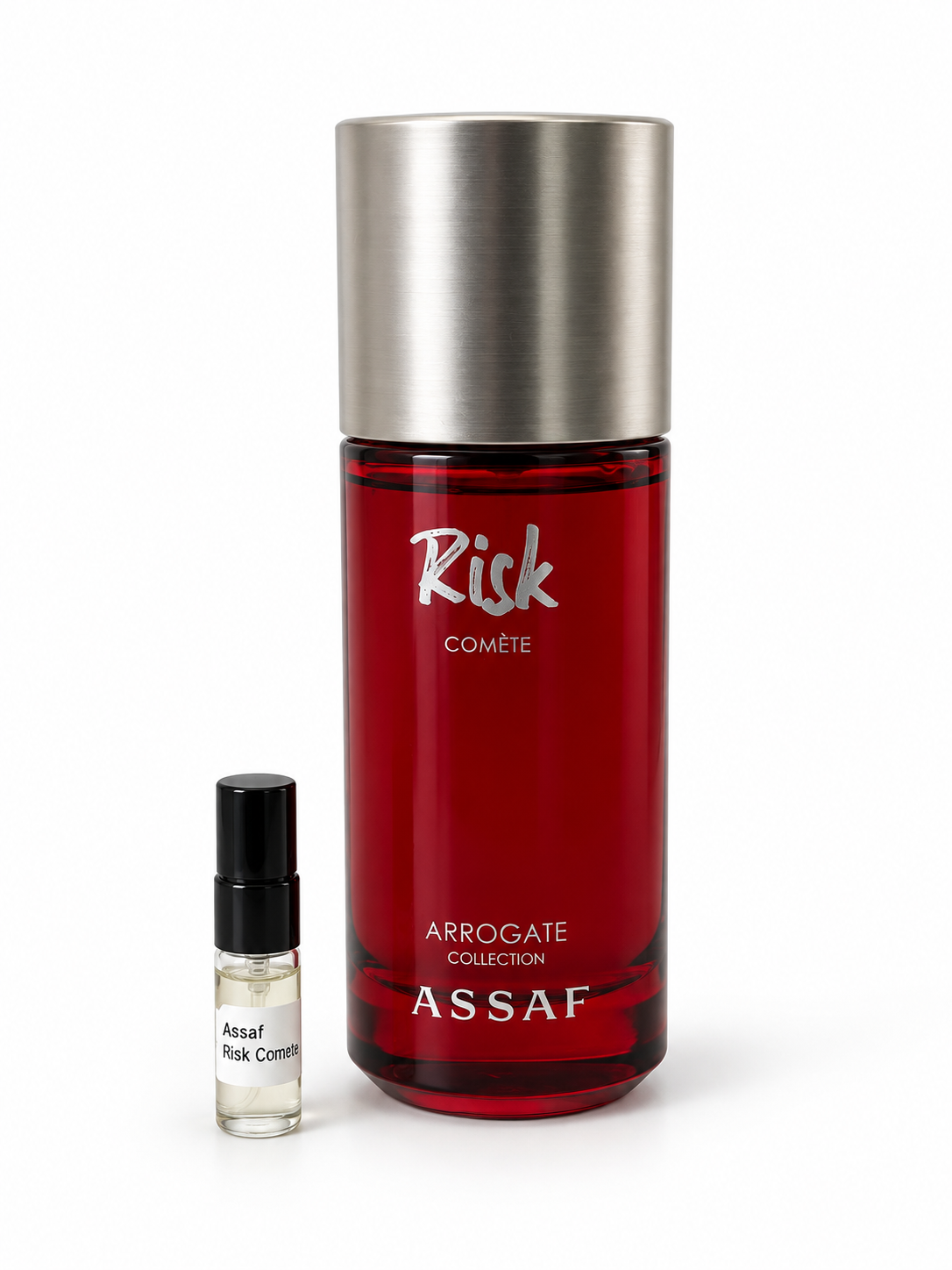 Assaf Risk Comete fragrance bottle and black-capped sample vial on white