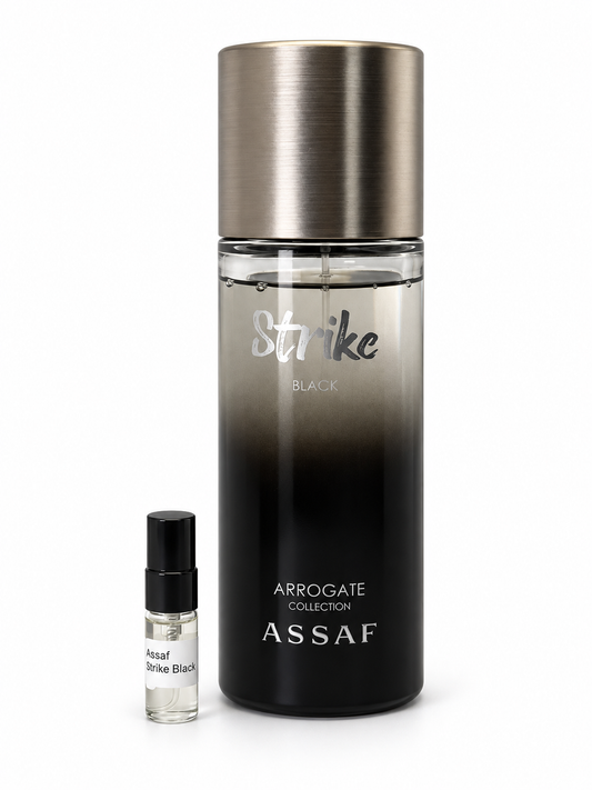 Assaf Strike Black fragrance bottle and black-capped sample vial on white