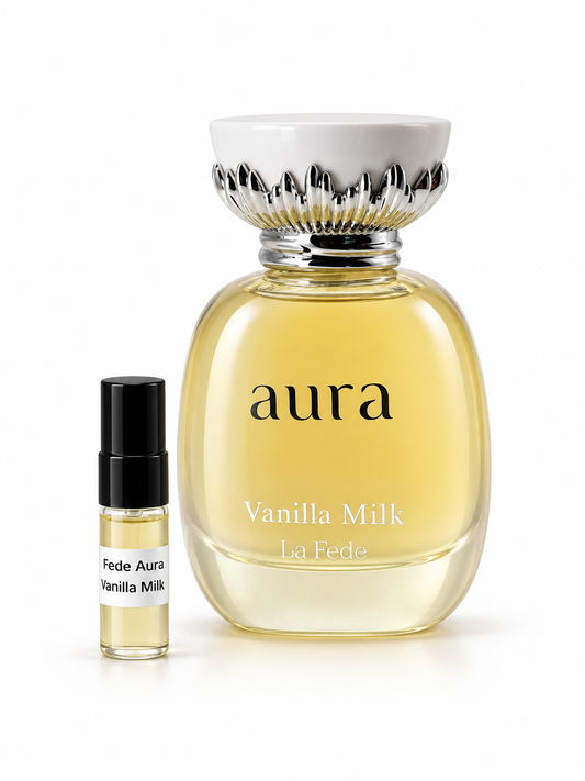 La Fede Aura Vanilla Milk fragrance bottle and black-capped sample vial on white